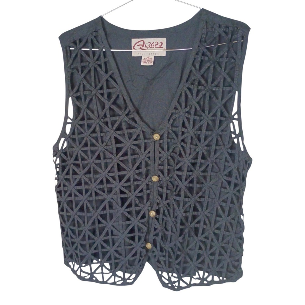 Asapo Collection Vintage Black Rayon Lattice Cutout Button Front Vest 2X